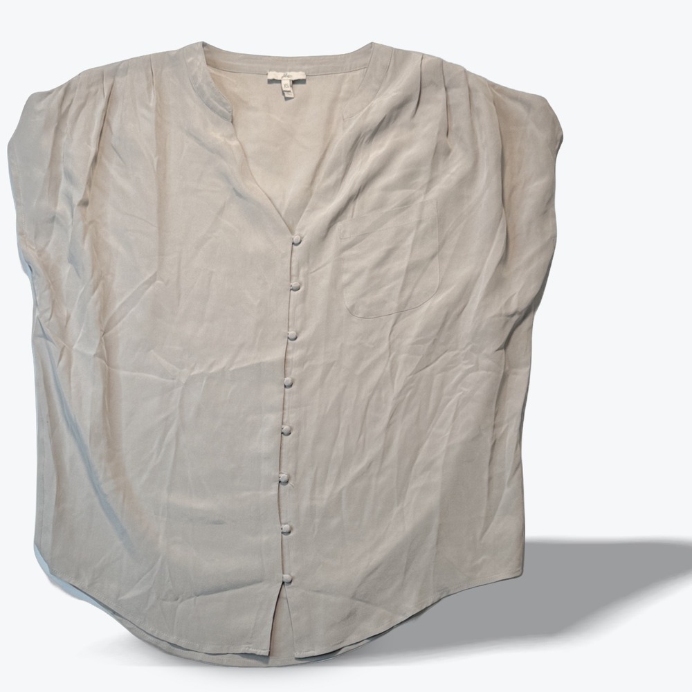 Joie Button Down Blouse Silk Cap Sleeve V-Neck Top Pocket Gray Flowy XS